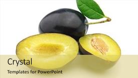  Presentation with tea leaves fresh green leaf - Amazing slide deck having fruits plums - fresh ripe plum with leaves backdrop and a yellow colored foreground