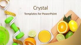  Presentation with healthy food college - Audience pleasing slide set consisting of fruits tape measure and dumbell backdrop and a sky blue colored foreground