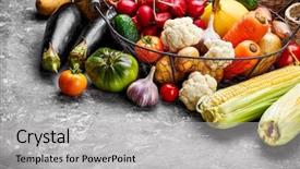 Presentation with healthy food - Beautiful theme featuring fruits vegetables cultivation - harvest fresh vegetable on concrete backdrop and a light gray colored foreground