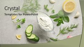  Presentation with yogurt - Slide deck featuring fruits vegetables herbs - delicious yogurt sauce in gravy background and a mint green colored foreground