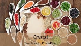  Presentation with notebook paper - Cool new PPT layouts with fruits vegetables herbs - diet detox super food selection backdrop and a coral colored foreground