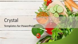  Presentation with smoothie - Audience pleasing theme consisting of fruits vegetables herbs - fresh vegetable smoothie on wooden backdrop and a lemonade colored foreground