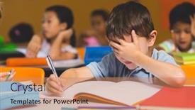  Presentation with classroom - Colorful presentation enhanced with frustrated-boy-with-hand-covering backdrop and a coral colored foreground