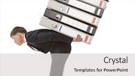  Presentation with pile - Theme consisting of frustrated businessman carries on the back pile of file folders background and a light gray colored foreground