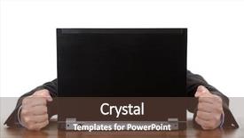  Presentation with laptop - Slides with frustrated businessman hiding behind laptop with clenched fist background and a tawny brown colored foreground