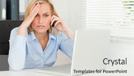  Presentation with front office - Theme featuring frustrated businesswoman sitting in front of her notebook on phone in her office background and a light gray colored foreground