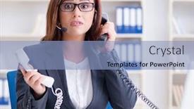  Presentation with call center software - Amazing presentation design having frustrated-call-center-assistant-responding backdrop and a light blue colored foreground