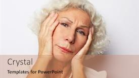  Presentation with older woman - PPT layouts enhanced with frustrated-elderly-woman-touching-forehead background and a coral colored foreground