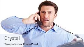  Presentation with phone - Audience pleasing PPT theme consisting of frustrated-manager-gets-tangled-up backdrop and a light blue colored foreground