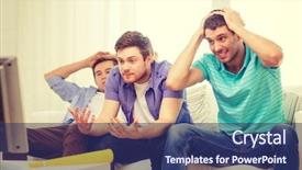  Presentation with entertainment - Presentation enhanced with friendship sports and entertainment concept - sad male friends with vuvuzela watching sports on tv at home background and a navy blue colored foreground