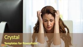  Presentation with front desk - Colorful theme enhanced with frustrated sad businesswoman in front of computer at desk in office backdrop and a tawny brown colored foreground