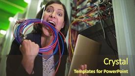  Presentation with server room - Presentation having frustrated technician eating wire and holding laptop in server room background and a tawny brown colored foreground