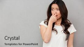  Presentation with smell - PPT theme with frustrated woman 20s pinching nose background and a light gray colored foreground
