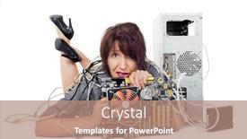  Presentation with computer motherboard - PPT layouts with frustrated-woman-lying-down-holding background and a coral colored foreground