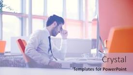  Presentation with desktop - Amazing PPT theme having frustrated young business man working on desktop computer at modern startup office interior backdrop and a light blue colored foreground