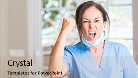  Presentation with aged - PPT theme featuring frustration - middle aged doctor woman annoyed background and a mint green colored foreground