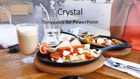  Presentation with restaurant menu bistro cafe - Slide set having frying omelette on the pan background and a light blue colored foreground