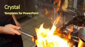  Presentation with restaurant kitchen - Cool new slide set with frying pan - chef is making flambe dish backdrop and a tawny brown colored foreground