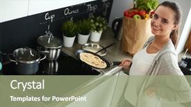  Presentation with cooking equipment kitchen utensils - Beautiful slides featuring frying pan - young woman cooking pancakes backdrop and a mint green colored foreground