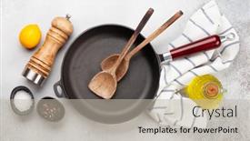  Presentation with utensils - Beautiful slide deck featuring frying-pan-utensils-and-ingredients backdrop and a mint green colored foreground