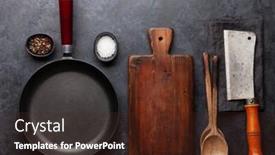  Presentation with utensils - Colorful slide set enhanced with frying-pan-utensils-and-ingredients backdrop and a tawny brown colored foreground