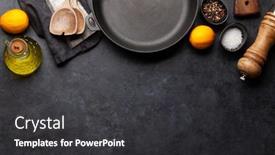  Presentation with utensils - Slide deck having frying-pan-utensils-and-ingredients background and a dark gray colored foreground