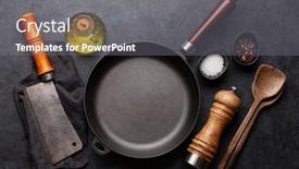 Presentation with utensils - Audience pleasing presentation theme consisting of frying-pan-utensils-and-ingredients backdrop and a gray colored foreground