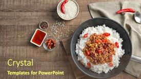  Presentation with frying - Slides enhanced with frying pan with chili con carne and rice on wooden background background and a tawny brown colored foreground