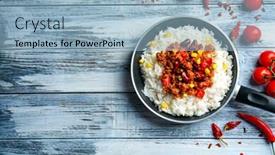 Presentation with frying - Cool new slide deck with frying pan with chili con carne and rice on wooden background backdrop and a light blue colored foreground