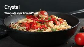  Presentation with frying - Cool new PPT theme with frying pan with delicious chicken spaghetti on table backdrop and a dark gray colored foreground