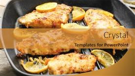  Presentation with frying - PPT layouts having frying pan with delicious chicken piccata closeup background and a gold colored foreground