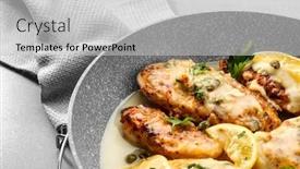  Presentation with frying - Amazing presentation design having frying pan with delicious chicken piccata closeup backdrop and a light gray colored foreground
