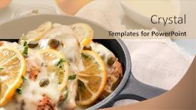  Presentation with frying - Audience pleasing presentation design consisting of frying pan with delicious chicken piccata closeup backdrop and a lemonade colored foreground