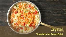  Presentation with nasi goreng fried rice - PPT theme with frying pan with delicious shrimp background and a tawny brown colored foreground