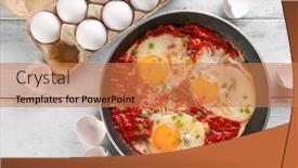  Presentation with frying - Cool new slide deck with frying pan with eggs in purgatory on wooden background backdrop and a coral colored foreground
