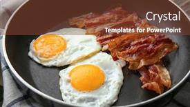  Presentation with frying - Presentation theme having frying pan with eggs and bacon on table closeup background and a tawny brown colored foreground