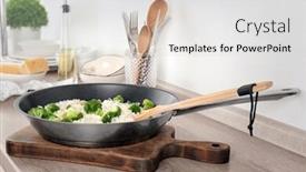  Presentation with frying - Audience pleasing PPT theme consisting of frying pan with rice and broccoli on kitchen table backdrop and a light gray colored foreground