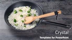  Presentation with frying - PPT theme enhanced with frying pan with rice and broccoli on table background and a dark gray colored foreground