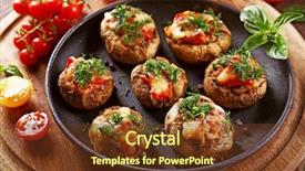  Presentation with frying - Slides enhanced with frying pan with stuffed mushrooms and vegetables on the table background and a tawny brown colored foreground
