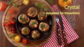  Presentation with frying - PPT theme featuring frying pan with stuffed mushrooms background and a tawny brown colored foreground