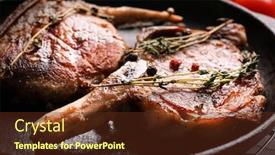  Presentation with frying - Audience pleasing presentation consisting of frying pan with tasty meat closeup backdrop and a tawny brown colored foreground