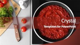  Presentation with frying - Amazing slide set having frying pan with tomato sauce backdrop and a tawny brown colored foreground