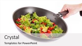  Presentation with frying - Presentation theme consisting of frying pan with vegetables in hand on white background and a light gray colored foreground