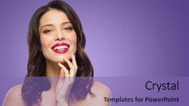  Presentation with young happy people smiling - Presentation with fuchsia - beauty make up and people background and a violet colored foreground