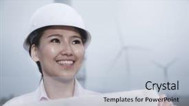  Presentation with engineering engineer or safety officer - Colorful presentation design enhanced with fuel efficiency - young smiling female engineer holding backdrop and a lemonade colored foreground