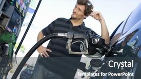  Presentation with natural gas - Audience pleasing slide deck consisting of fuel efficient vechiles - blurred smiling man refueling car backdrop and a tawny brown colored foreground