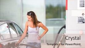  Presentation with gas station - Audience pleasing PPT theme consisting of car in a gas station backdrop and a soft green colored foreground
