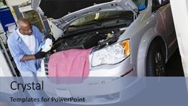  Presentation with garage car - Presentation design featuring fuel stations safety - african american male mechanic oiling background and a seafoam green colored foreground