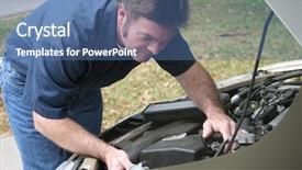  Presentation with car engine - Colorful presentation design enhanced with fuel stations safety - auto mechanic checking the engine backdrop and a ocean colored foreground