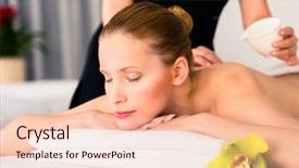  Presentation with essential oil - Presentation design with full body - woman in wellness beauty spa background and a lemonade colored foreground